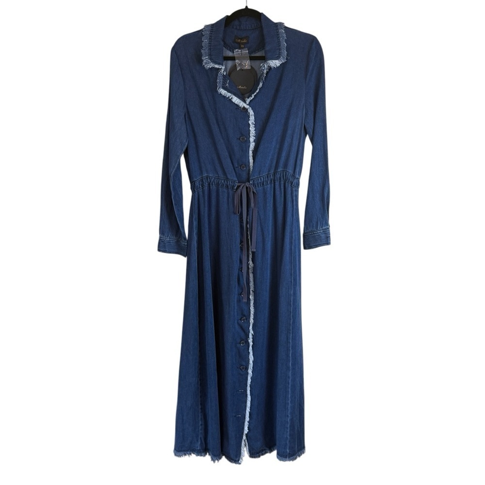 Metallic Blue Denim Maxi Dress Fringe Edging Full Front Button Down Tie Waist